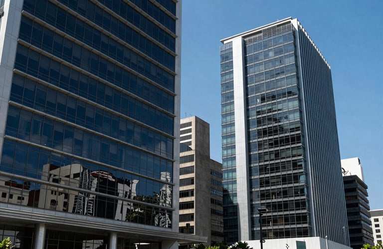 Photography of modern architecture in a Guatemalan business district, capturing glass buildings and a clear blue sky.