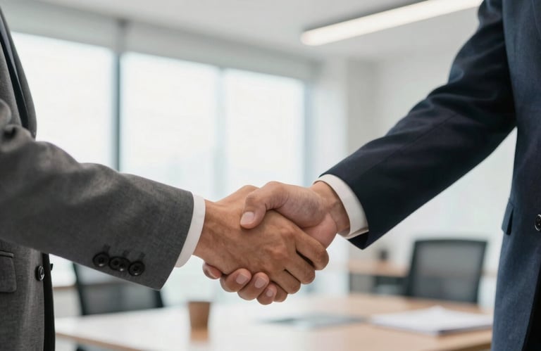 A firm professional handshake between two individuals in business attire within a bright, modern Central American office setting.