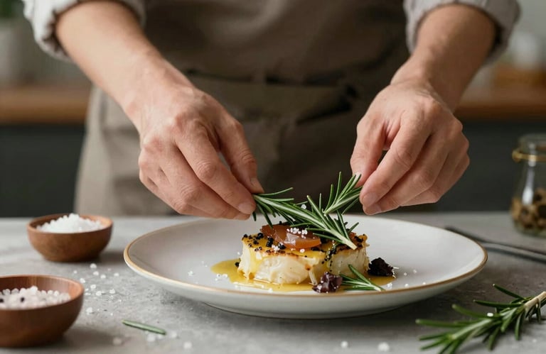 A content creator arranging sprigs of rosemary and sea salt around a plated dish for a photo shoot. Soft, warm lighting and sophisticated composition.