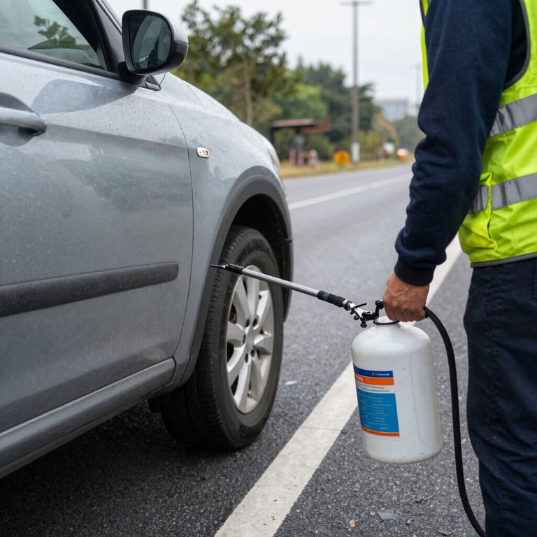 Close-up of a flatbed tow truck loading a car in a well-lit urban area during the evening.