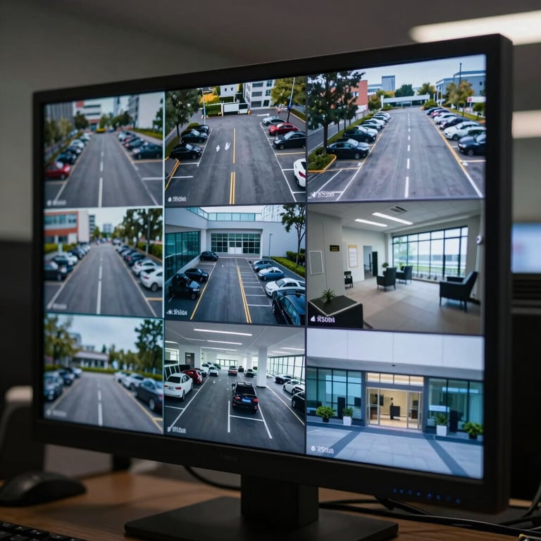Close-up of a high-end surveillance monitor in a dark room showing a grid of multiple security feeds of a parking lot and office lobby. Sharp 4K resolution, cinematic lighting.