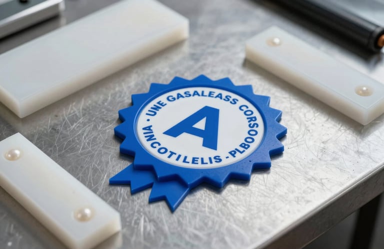 A close-up of a professional certification seal for auto glass safety alongside high-quality resin kits on a clean metal workbench, lit with professional steel blue and pearl white tones.