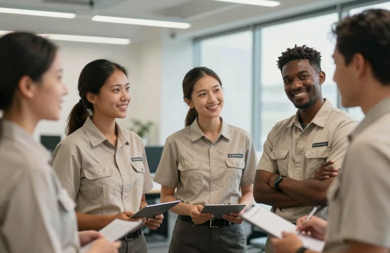 A group of diverse logistics workers in professional uniforms smiling during a briefing, showcasing teamwork and empathy in a Soft Alabaster office.