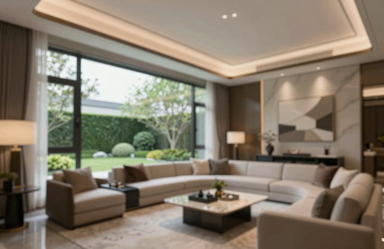 The interior of a contemporary luxury living room with high ceilings and designer lighting. A large window shows a manicured garden. Sophisticated and high-end residential atmosphere.