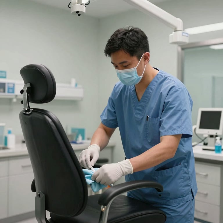 A focused cleaning professional in scrubs and white gloves sanitizing a modern exam room chair in a Manhattan medical suite, professional atmosphere.