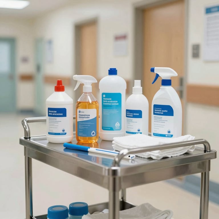 A tidy arrangement of high-end medical-grade cleaning supplies and micro-fiber tools on a clean stainless steel cart in a bright hallway, North American / US hospital style.