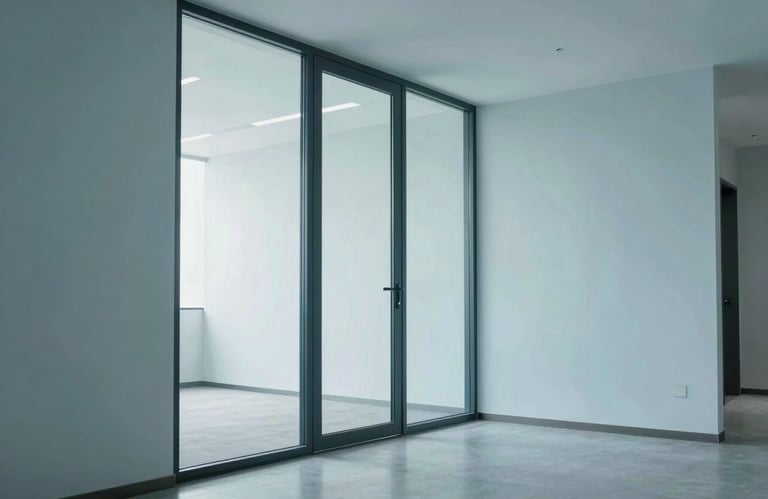 A bright office hallway with minimalist glass doors and pale blue walls, emphasizing transparency and openness.