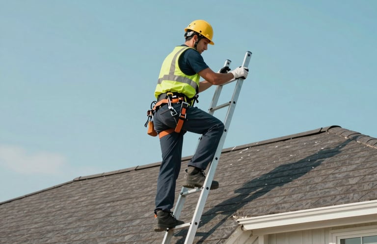 A professional inspector safely climbing a ladder to examine a residential roof. The sky is clear blue (#A8BBCD), and the composition emphasizes safety and thoroughness.