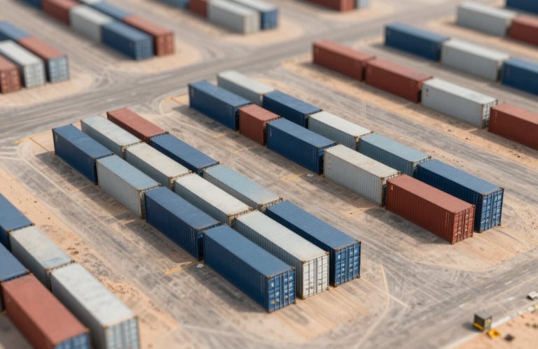 An aerial view of organized industrial containers in a desert setting, showcasing efficient logistics and problem-solving. Strong lines and professional composition using #B8A79B and #3C3C3B.