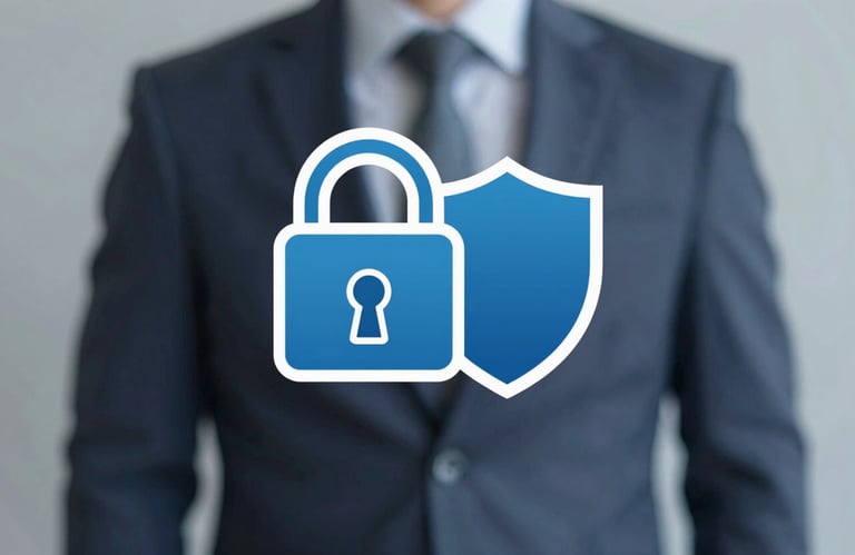 Clean, professional icon of a digital lock and a shield, symbolizing data protection and compliance, in #88A7B5.