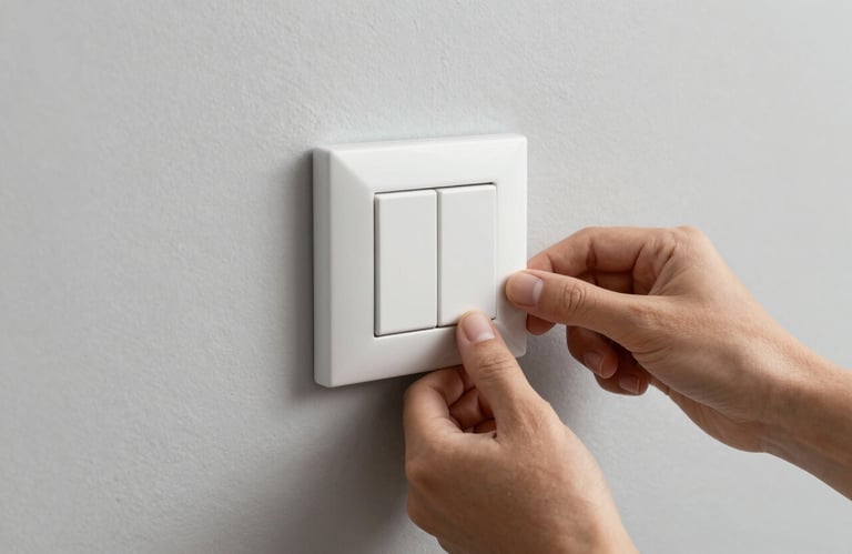 A hand installing a modern, stylish light switch on a Pale Grey wall in a Southern European / Spanish residence. Precise and clean work.