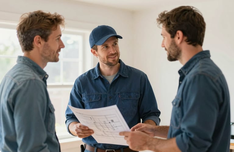 A contractor and a homeowner in Maine having a friendly, professional discussion over a project plan in a sun-drenched room. The tone is approachable and expert, with a color palette including #617488.