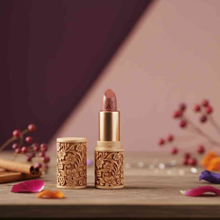 Labial de maquillaje artesanal Raiza en tono nude, con envase de madera sustentable tallado a mano con flores
