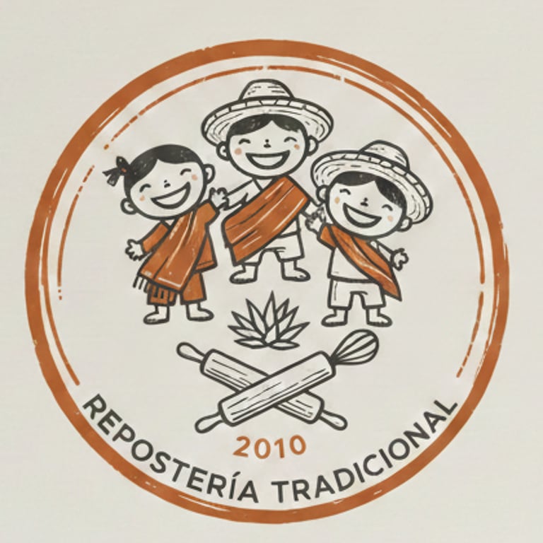 Logotipo vintage de Repostería Tradicional con tres figuras caricaturescas, un rodillo y un batidor