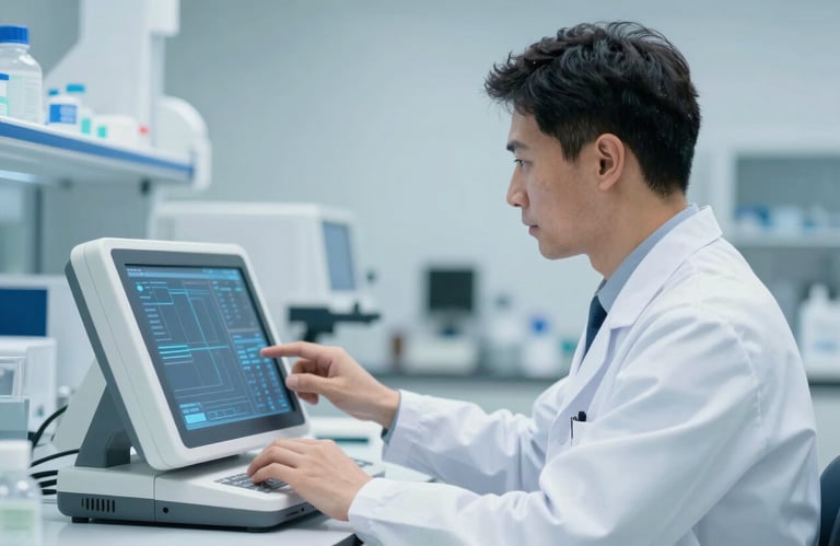Medical professional in a white lab coat using a high-tech digital interface. Clean laboratory aesthetic with blue accents #5E9CD1.