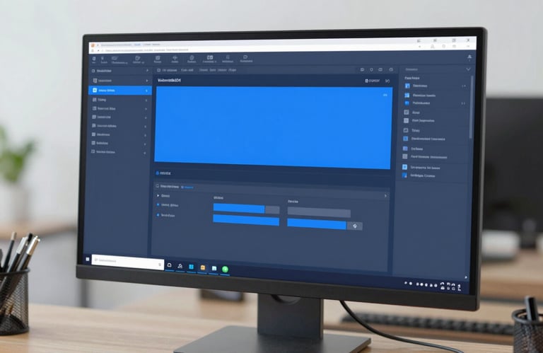 A close-up of a high-resolution dashboard on a sleek monitor. Professional software interface with #5E9CD1 highlights. Minimalist office environment.