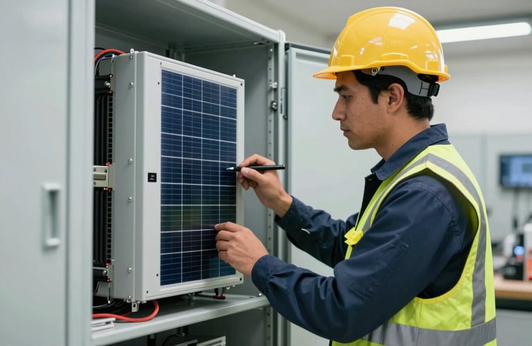 A professional South American technician in safety gear inspecting a solar inverter system inside a clean, modern electrical room.