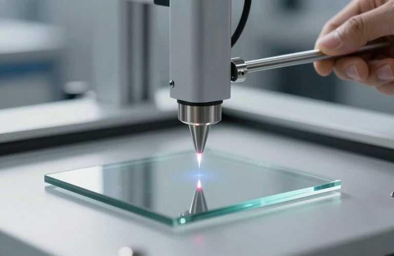 Technical tool measuring a glass panel with laser precision. The image is sharp and focused, symbolizing accuracy and technical expertise, with a palette of #1A1D20 and #F7F9FB.