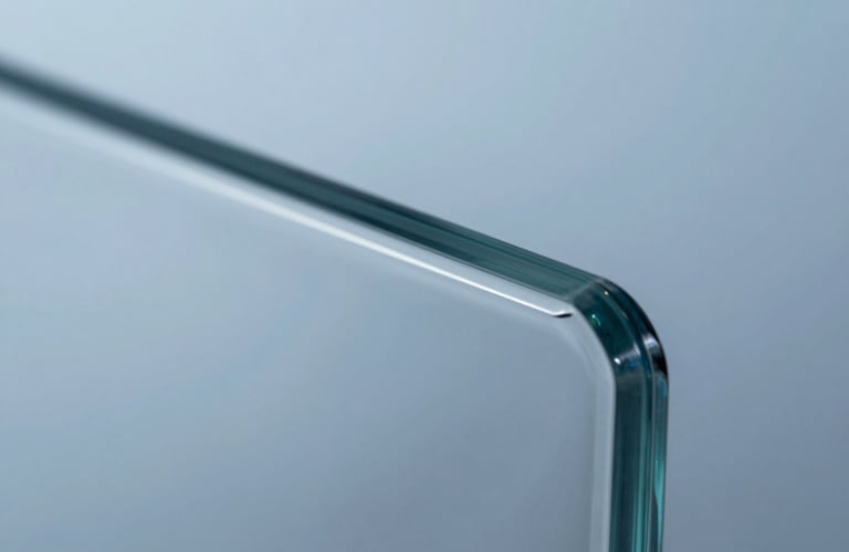 Macro shot of a glass edge showing a perfect, polished finish. The lighting highlights the clarity and safety of the tempered material, using #BCC9D4 tones to convey premium quality.