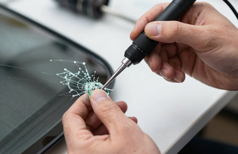 A close-up photograph showing a specialist's hands using a professional glass repair tool on a minor windshield crack. The setting is a bright, clean garage in North America. The focus is sharp, highlighting modern technology and care.