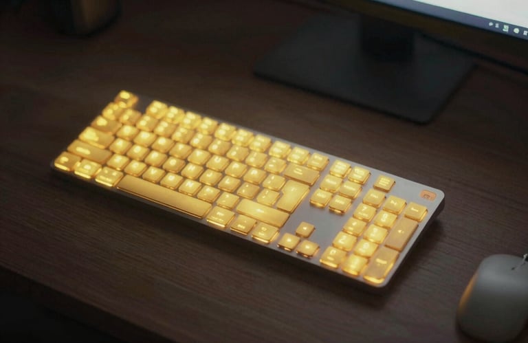 A top-down view of a professional screenwriter's desk with a backlit keyboard glowing yellow #FFFF00 in a dark room.