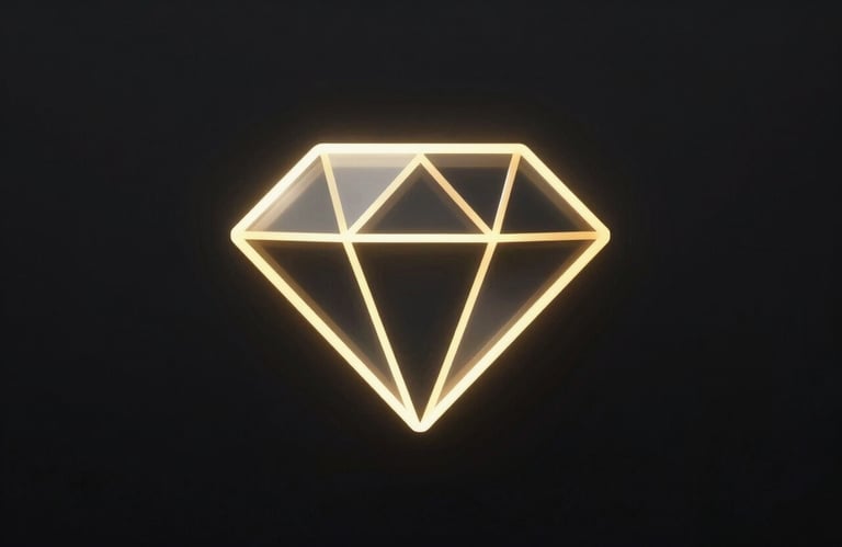 Minimalist icon-style image of a geometric diamond made of dark glass with glowing #FFFF00 edges, centered on a black background.