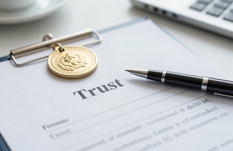 A close-up of a professional business document with a legal seal and a sleek pen, symbolizing trust and legality, with a clean office background in #EDF3F5.