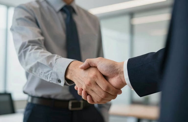 A close-up of a warm handshake between an agent and a client in a bright office, focused on professional attire and a sense of partnership and trust.