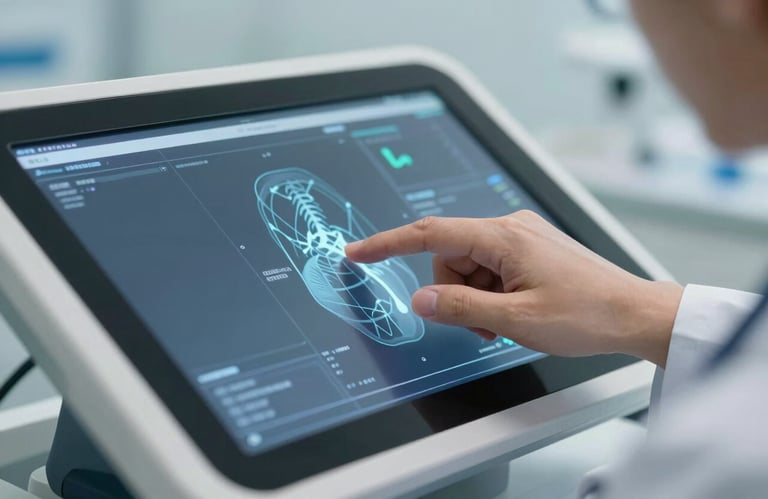 A close-up of a doctor's hand interacting with a high-resolution touch screen displaying medical diagrams in a clean, professional clinical setting, international context.