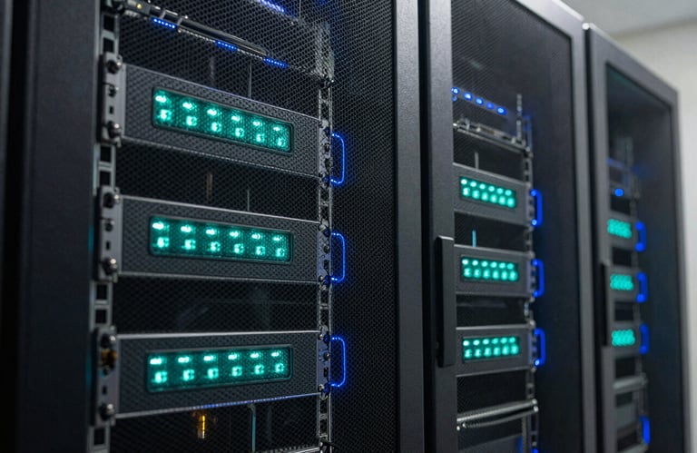 A professional close-up of a secure server room within a hospital, featuring blinking lights in Teal and Dark Blue, emphasizing high-tech security, North American context.