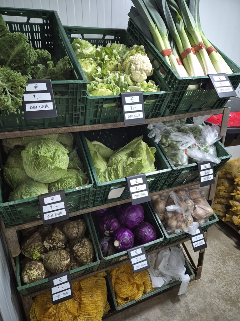Verse groenten liggen netjes in de schappen van de boerderijwinkel Hoeve Dinjens in Maastricht