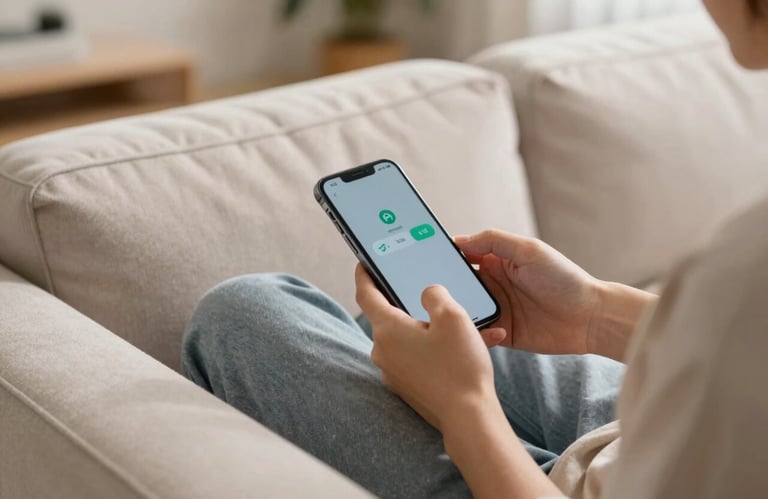 A person sitting comfortably on a light-colored sofa in a modern German living room, typing on a smartphone. Soft, warm lighting creates a relaxed atmosphere, showing the convenience of the service.