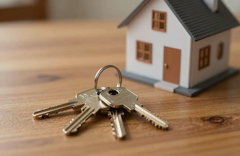 A detailed shot of a set of house keys resting on a wooden table next to a model house, lit by warm indoor lighting, symbolizing home protection and security.