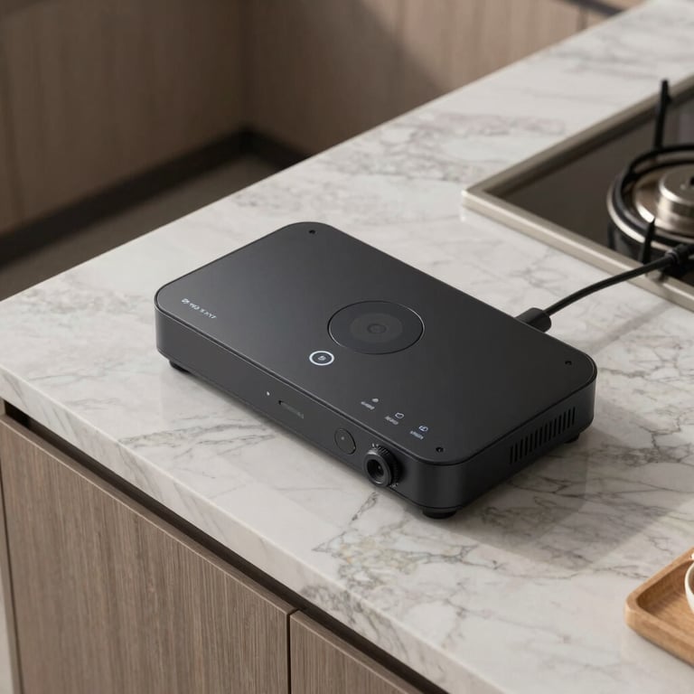 A top-down view of a sophisticated home control hub resting on a marble countertop in a modern Middle Eastern / Gulf kitchen, soft morning light.