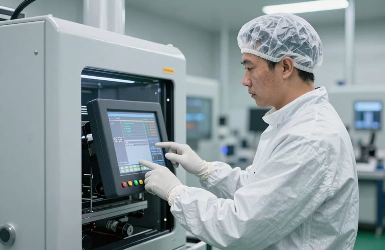 A professional engineer in a cleanroom suit and gloves operating a digital touch-screen control panel on an industrial machine in a modern factory.
