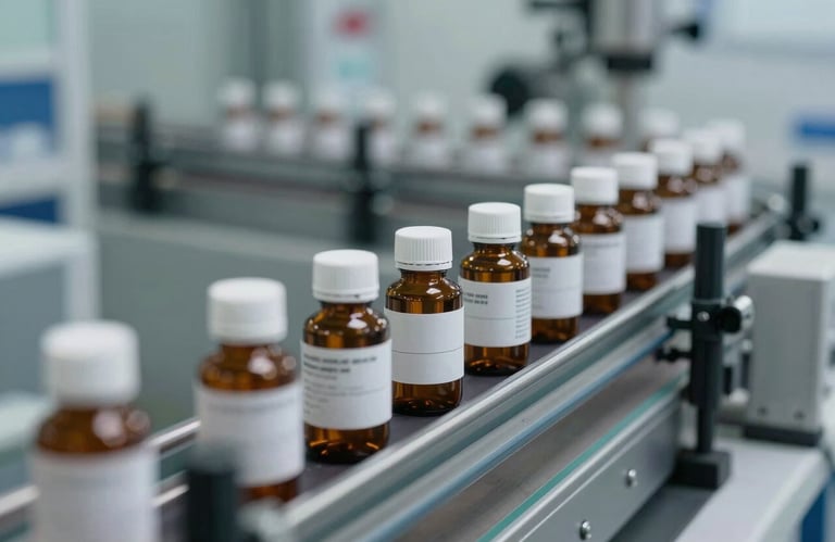 Clean, focused shot of pharmaceutical bottles moving along a high-tech conveyor line, professional industrial lighting, highlighting efficiency and speed.