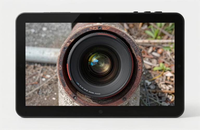 A high-resolution display showing a live camera feed from inside a chimney flue, used for professional inspections in a North American setting.