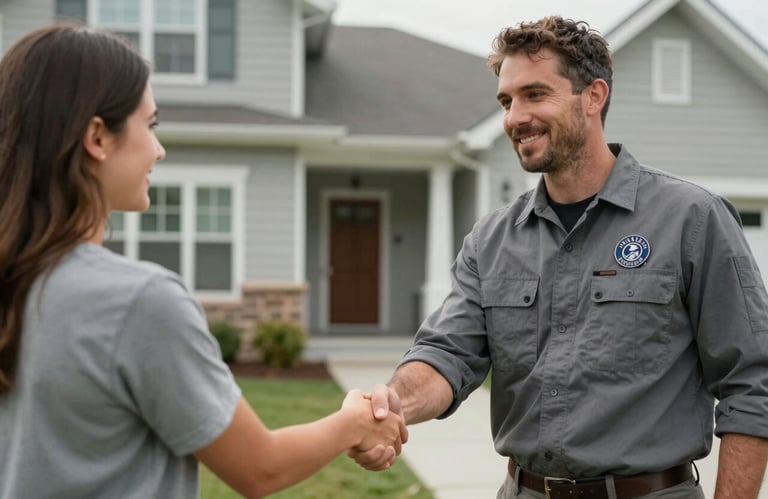 A technician in a professional gray uniform with a company badge, shaking hands with a homeowner in front of a North American house.