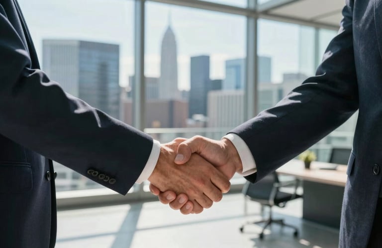 A firm handshake between two professionals in a sunlit, modern glass office with a North American city skyline visible in the background.