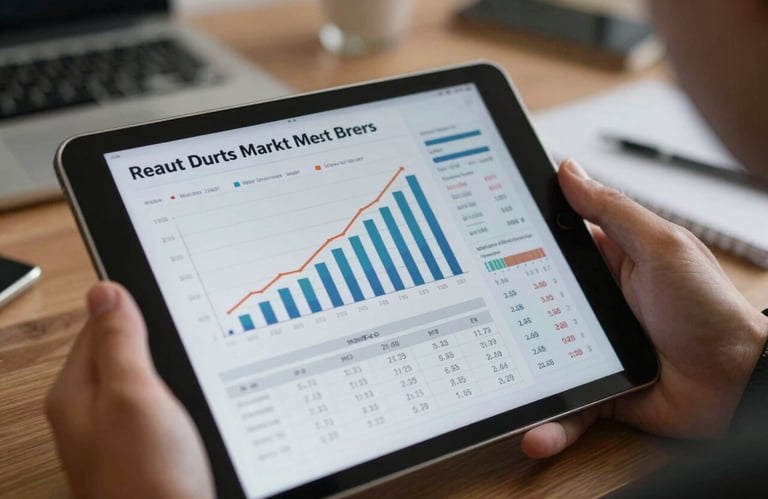 Close-up of a tablet displaying real estate market growth charts and investment data, held by a professional in a North American business setting.