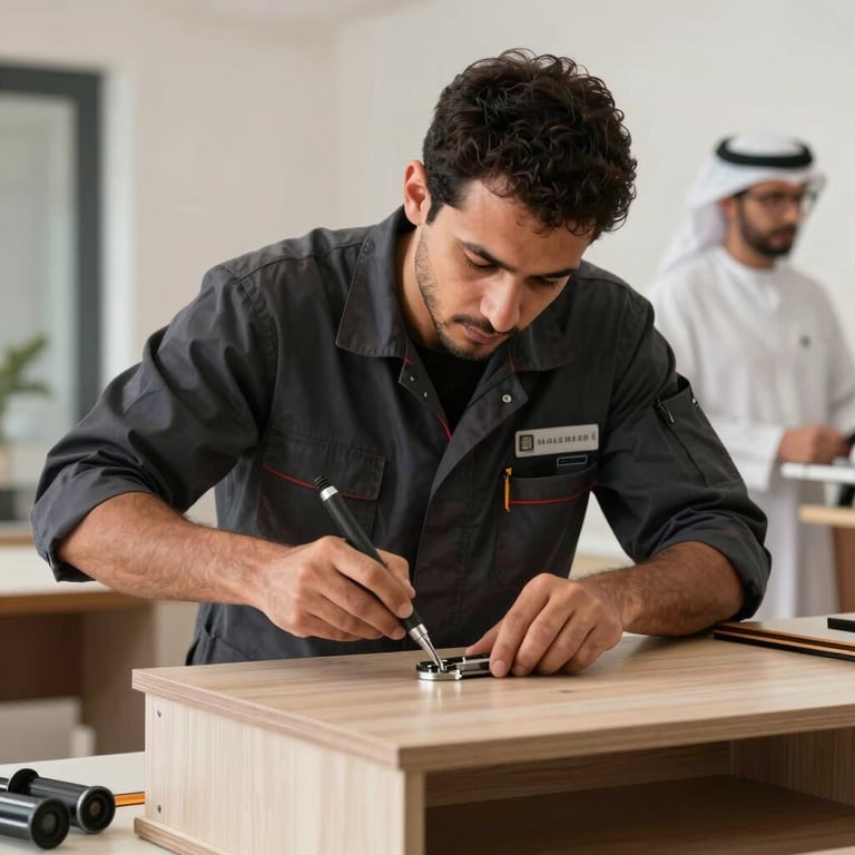 A focused shot of a skilled technician in a professional uniform using specialized tools to dismantle high-end furniture. Modern Middle Eastern / Gulf apartment background.