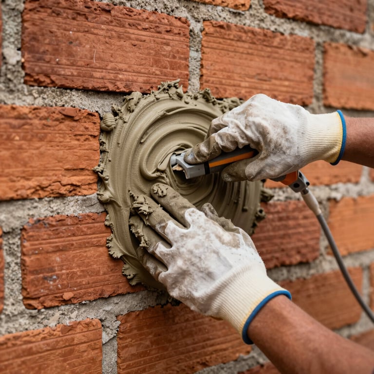 A close-up photograph of hands in work gloves applying fresh mortar to a red brick wall on a South American site, showcasing craftsmanship.