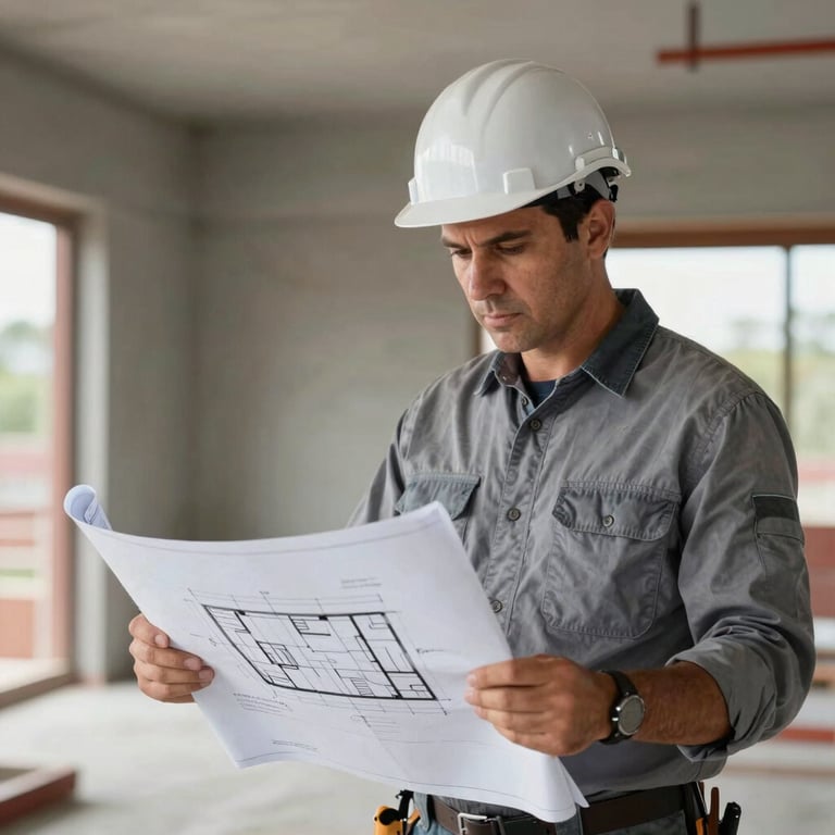 A professional builder in safety gear reviewing architectural blueprints on a Brazilian construction site, focus on technical expertise, cool gray and light steel blue colors.