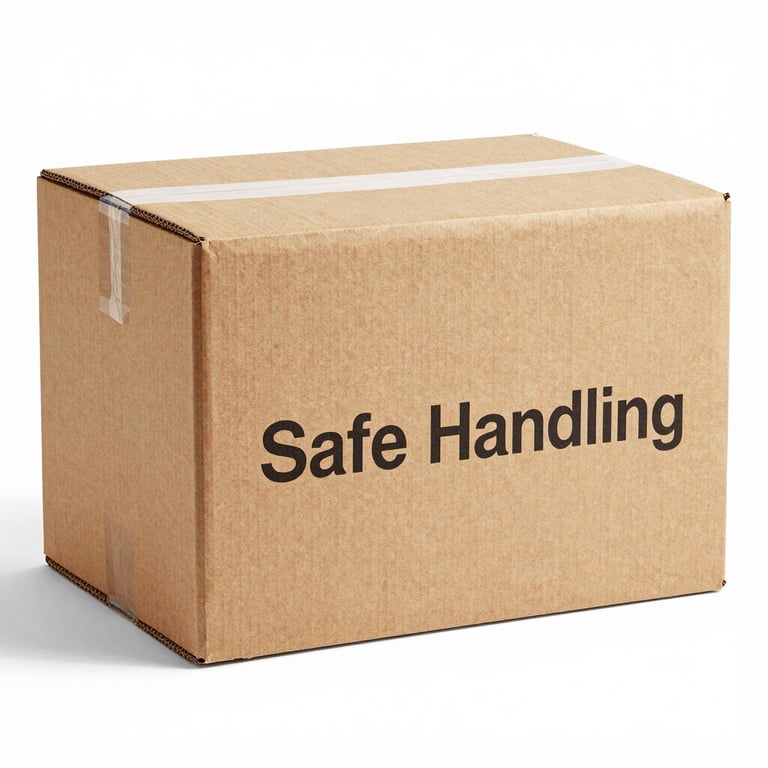A medium-sized cardboard package placed on a clean wooden surface, shot with professional studio lighting and a shallow depth of field, emphasizing safe handling.