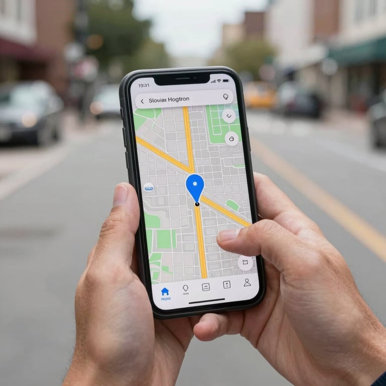A focused shot of hands holding a smartphone displaying a GPS tracking map with a blue location dot. The background is a soft-focus North American / US street.