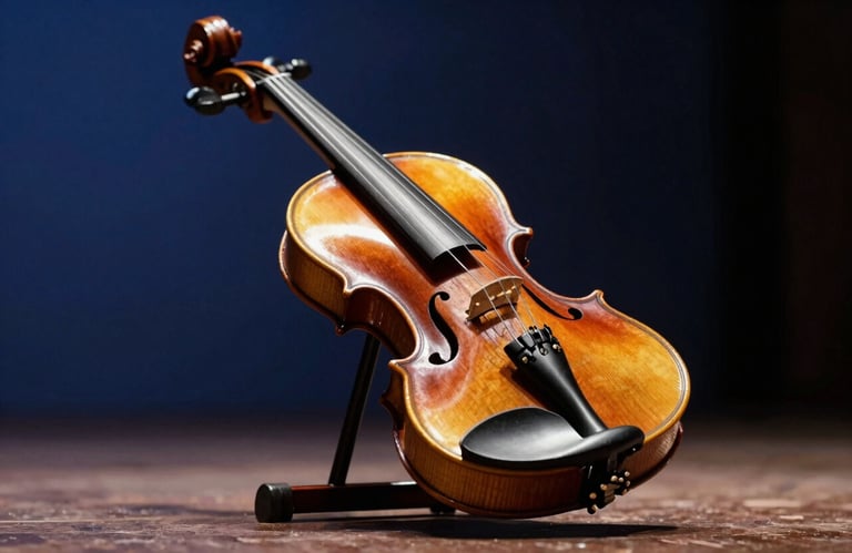 A close-up, sharp photograph of a classic violin resting on a dark wood stand inside a dimly lit concert hall. The lighting is focused, highlighting the wood grain. Accents of slate blue and dark navy in the background shadows.