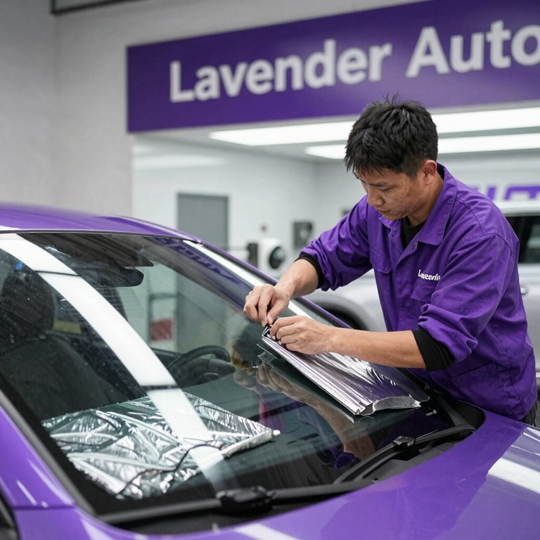 Technician applying protective window film to a purple car at Lavender Auto workshop.