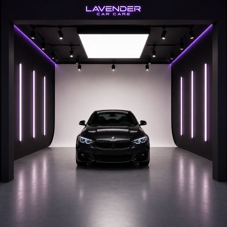 A black luxury sedan inside a Lavender Car Care detailing studio with purple neon lighting.