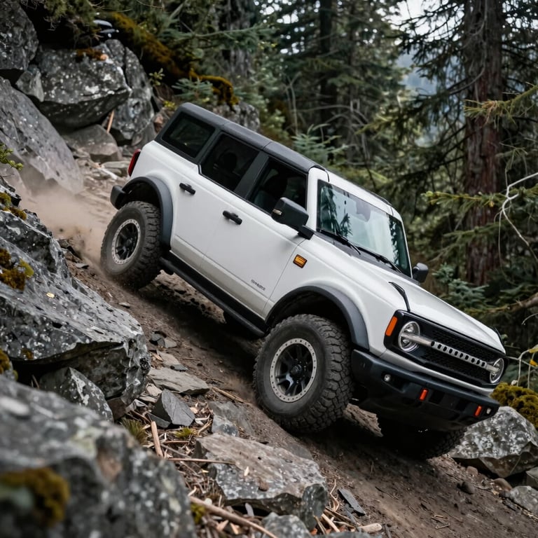 A classic Off-white Bronco climbing a steep rocky trail in the North American Pacific Northwest.