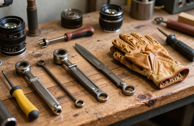 A collection of vintage automotive tools and a leather tan driving glove on a wooden bench in a North American / US restoration shop.
